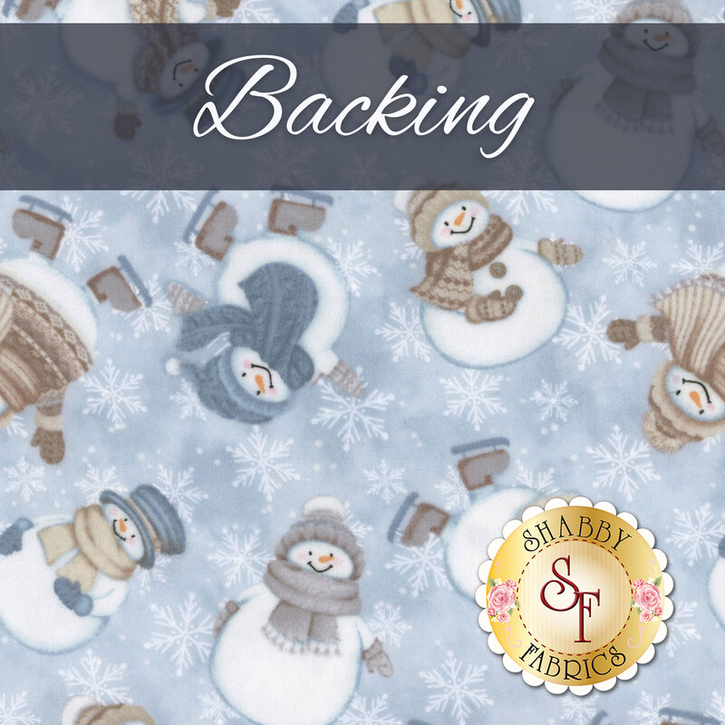 A light blue swatch of cotton flannel fabric with tossed happy snowmen. A dark blue banner at the top reads 