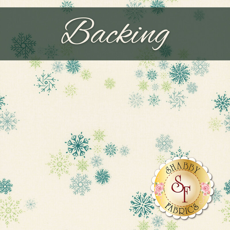 Light cream fabric featuring teal and green snowflakes, labeled Backing 