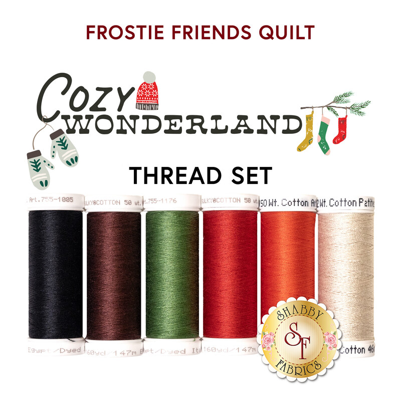 Set of six thread spools in various colors for the Frostie Friends Quilt.