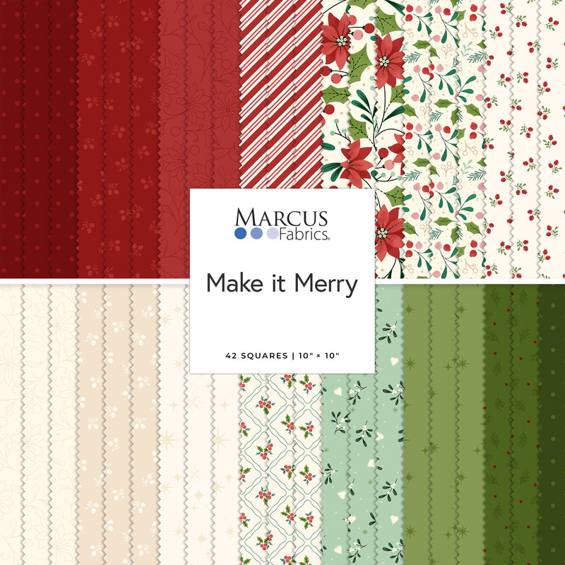 Fabric swatches in red, green, and cream featuring floral and striped patterns, labeled Make it Merry.