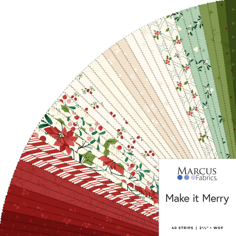 Colorful fabric strips arranged in a fan shape, featuring floral and holiday-themed patterns.