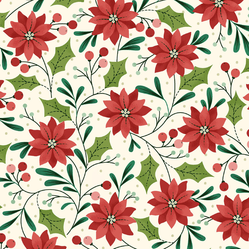 A floral pattern featuring red poinsettias, green leaves, and berries on a light background.