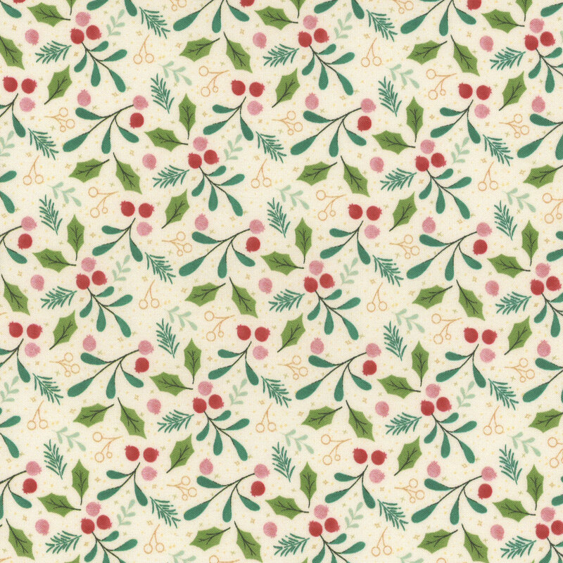 A seamless pattern of red berries, green leaves, and delicate white blooms on a light background.