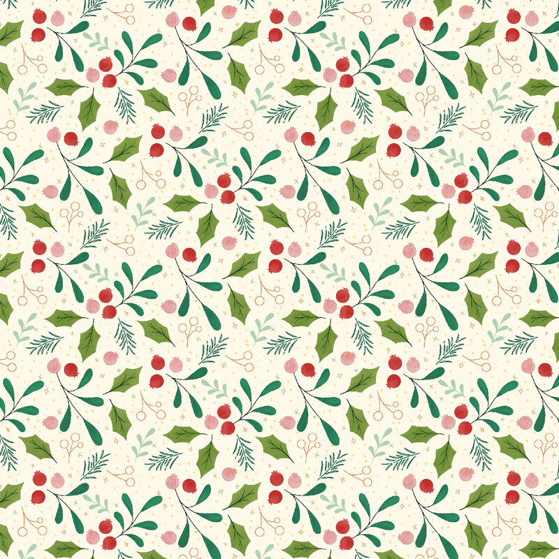 A seamless pattern of red berries, green leaves, and delicate white blooms on a light background.