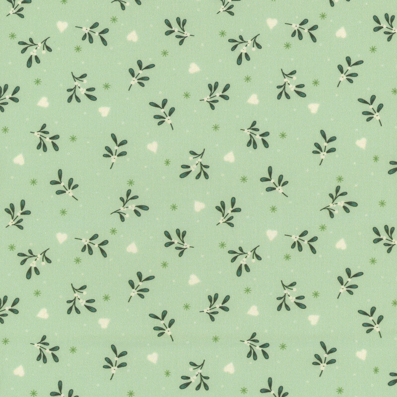 Pattern of green leaves and white hearts on a light mint background with scattered stars.