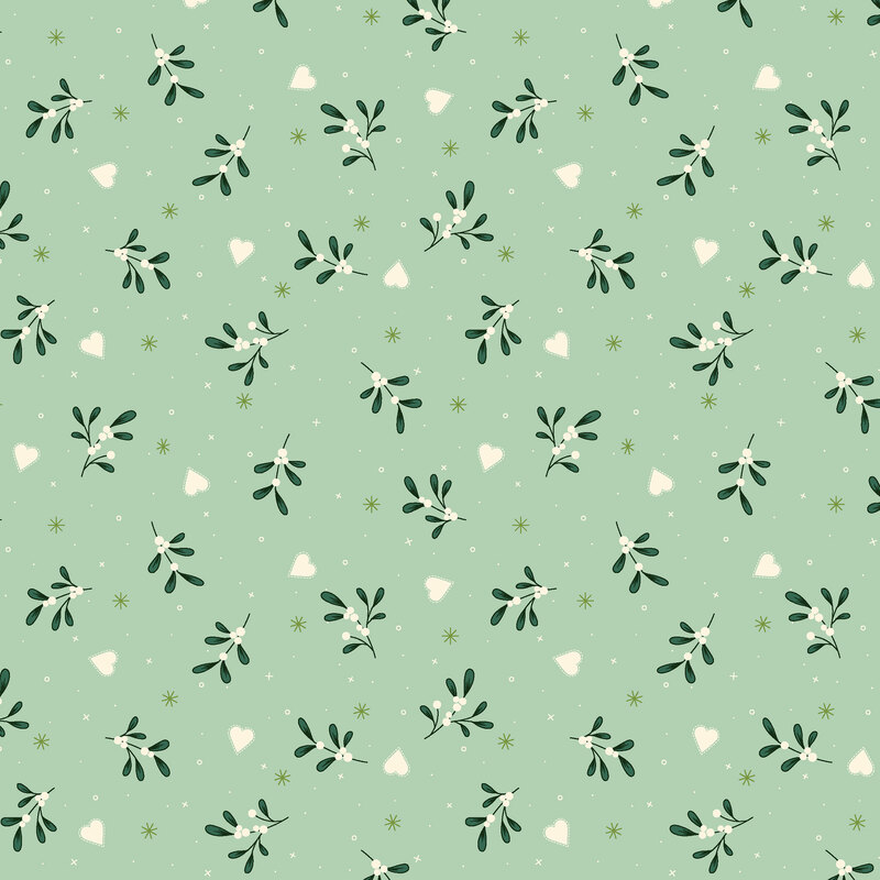 Pattern of green leaves and white hearts on a light mint background with scattered stars.