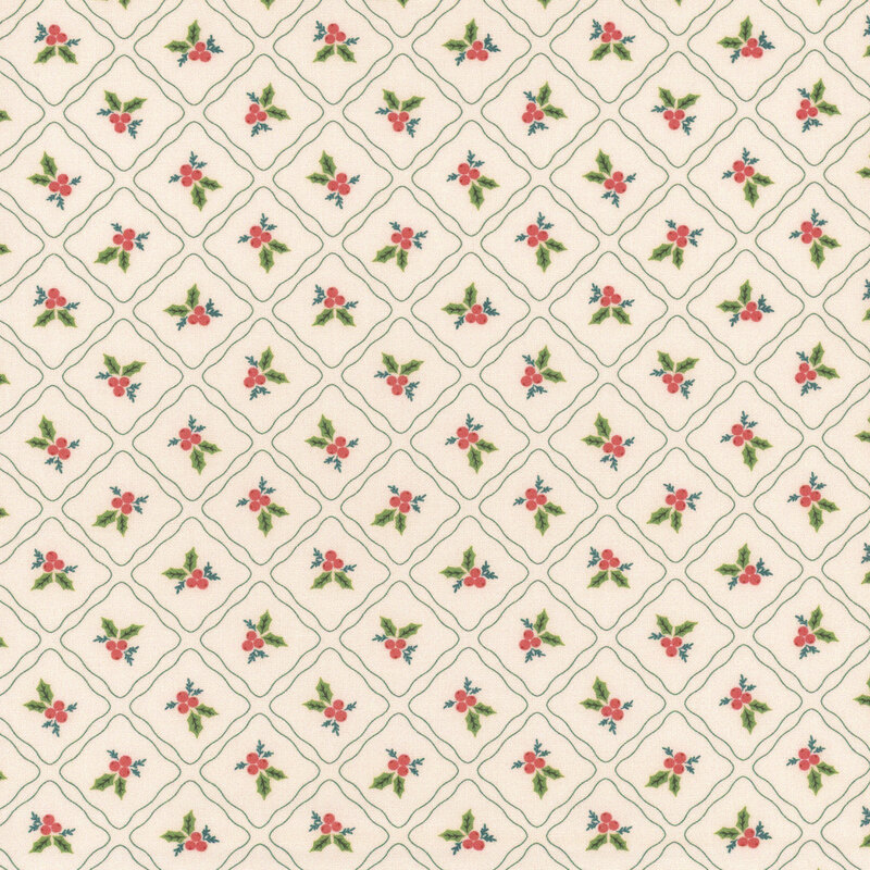 Repeating pattern of small red flowers and green leaves on a light background.