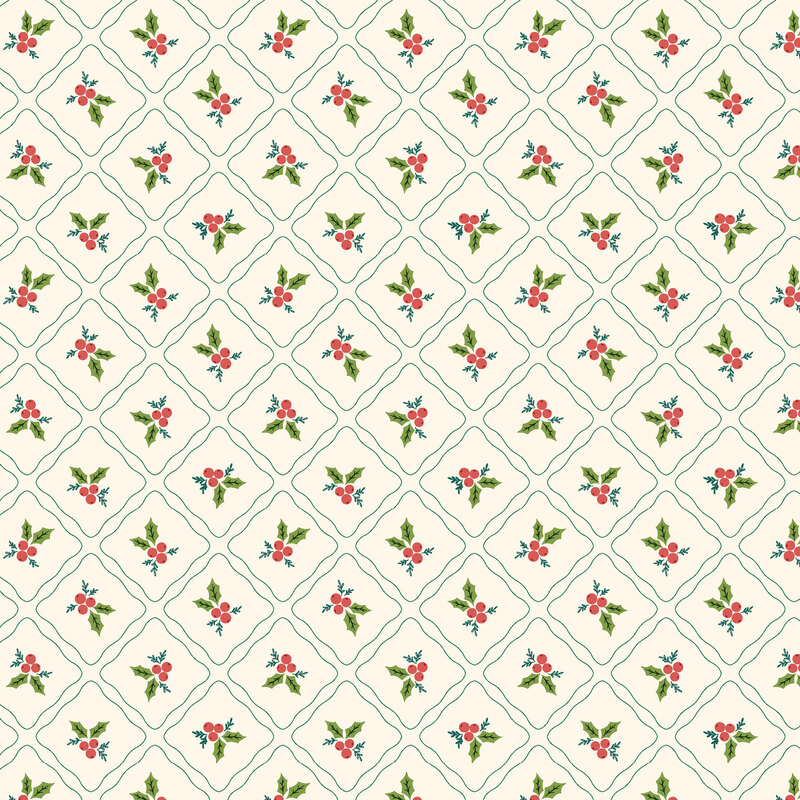 Repeating pattern of small red flowers and green leaves on a light background.