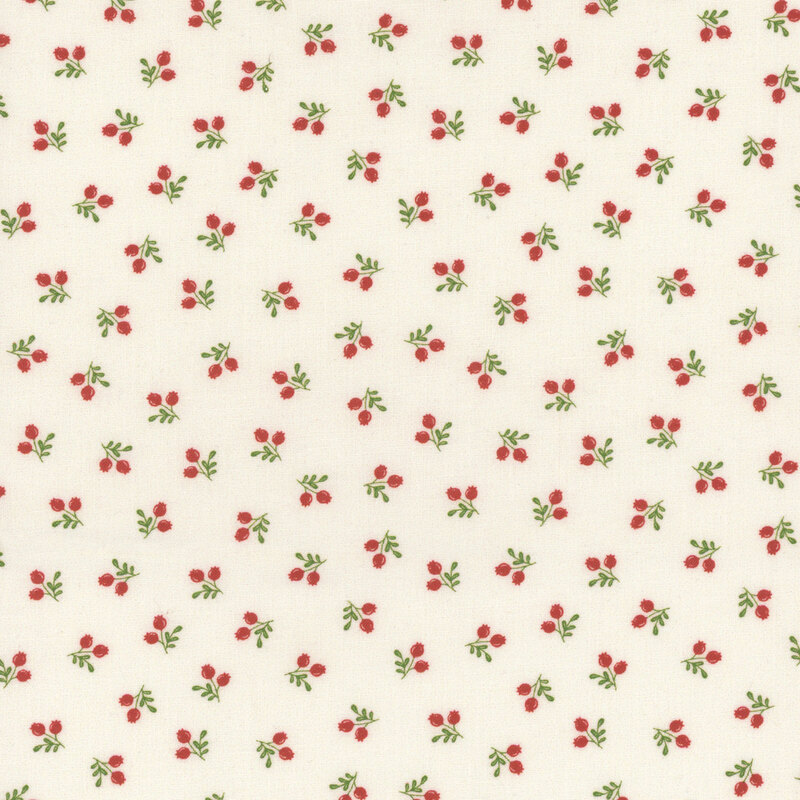 Repeating pattern of small red berries and green leaves on a cream background.