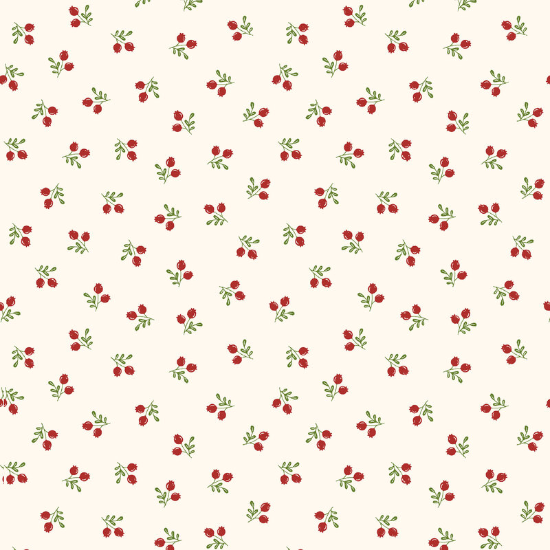 Repeating pattern of small red berries and green leaves on a cream background.