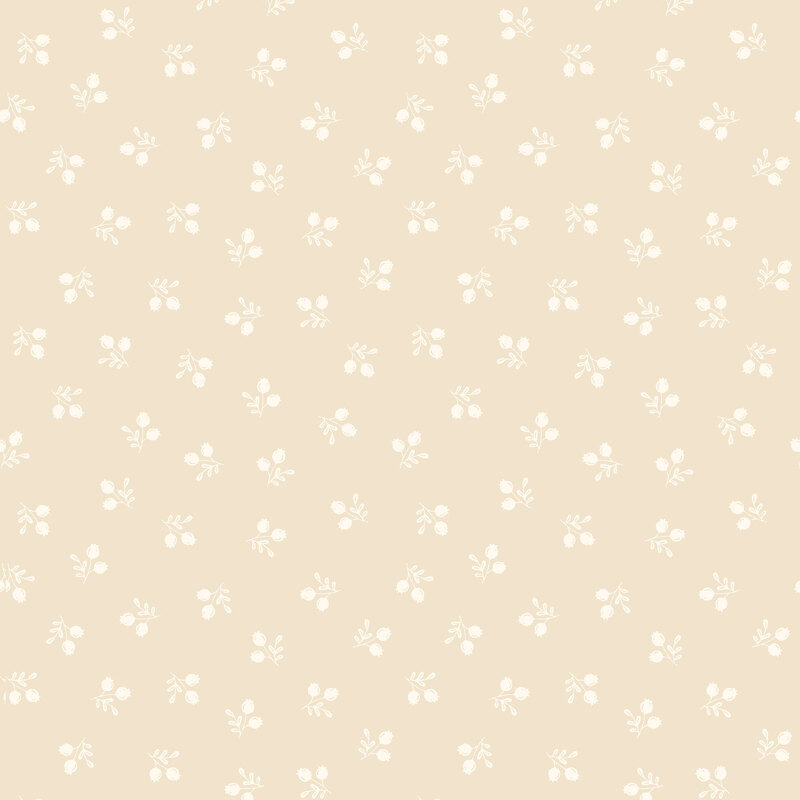 A light beige background with a scattered floral pattern in soft white.