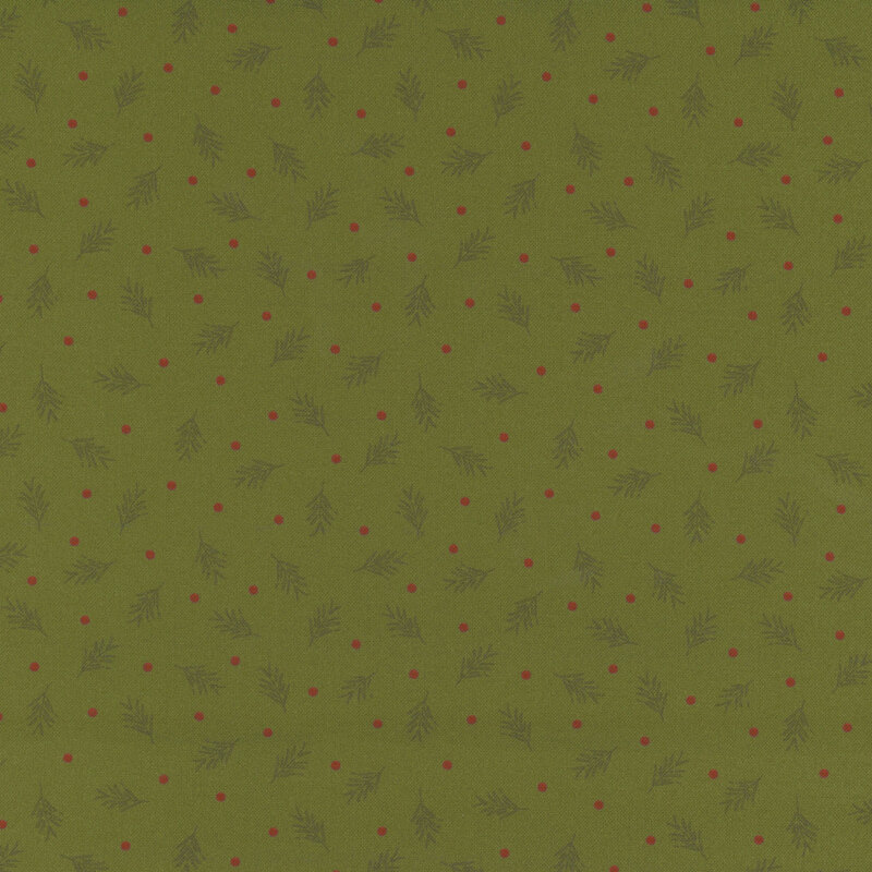 Pattern of green foliage with red berries on a darker green background.