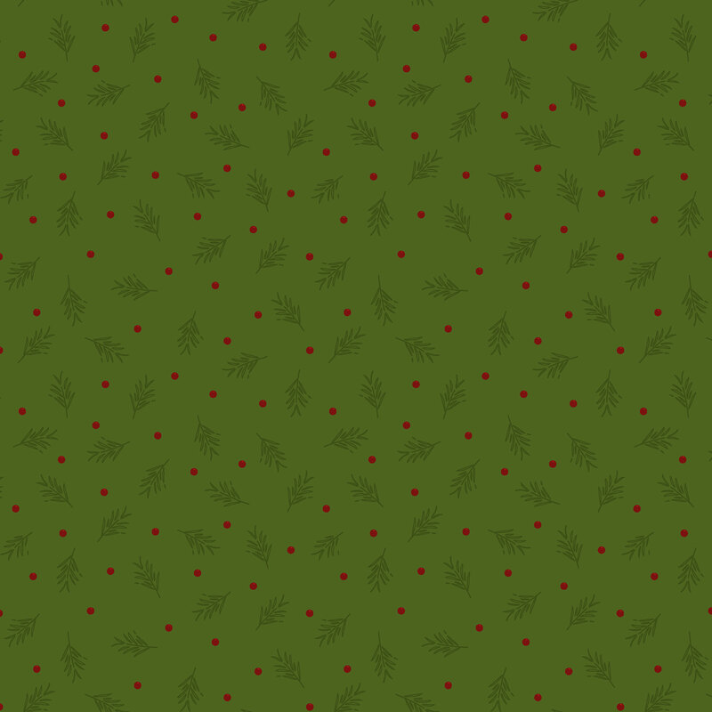 Pattern of green foliage with red berries on a darker green background.