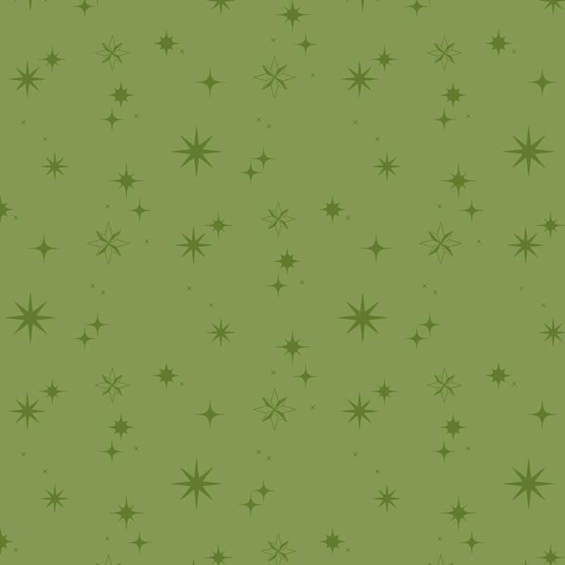 Green background with variously sized and shaped dark green stars scattered throughout.