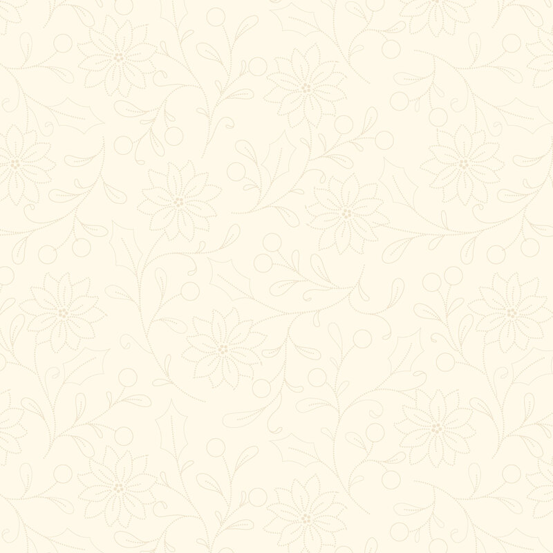 Light cream background with a subtle floral pattern of flowers and branches.