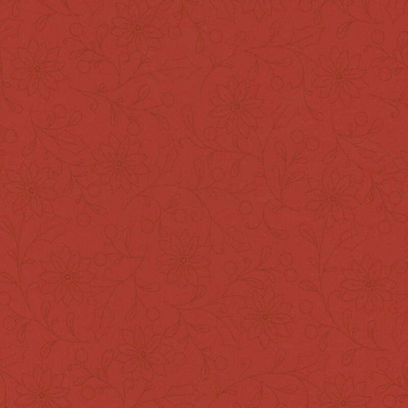 A red fabric featuring a repeating floral pattern with leaves and berries.