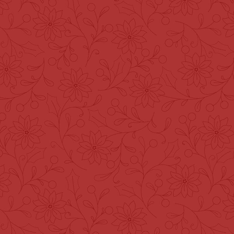 A red fabric featuring a repeating floral pattern with leaves and berries.