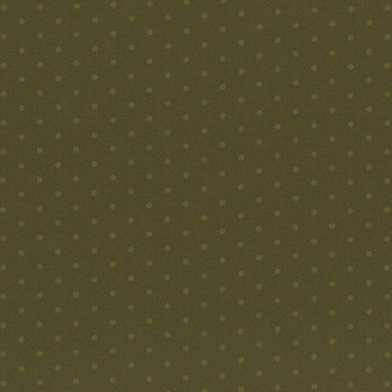 Repeating pattern of light green polka dots on a dark green fabric.