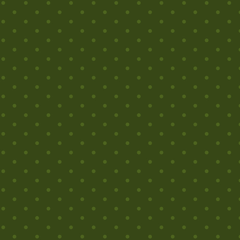 Repeating pattern of light green polka dots on a dark green background.