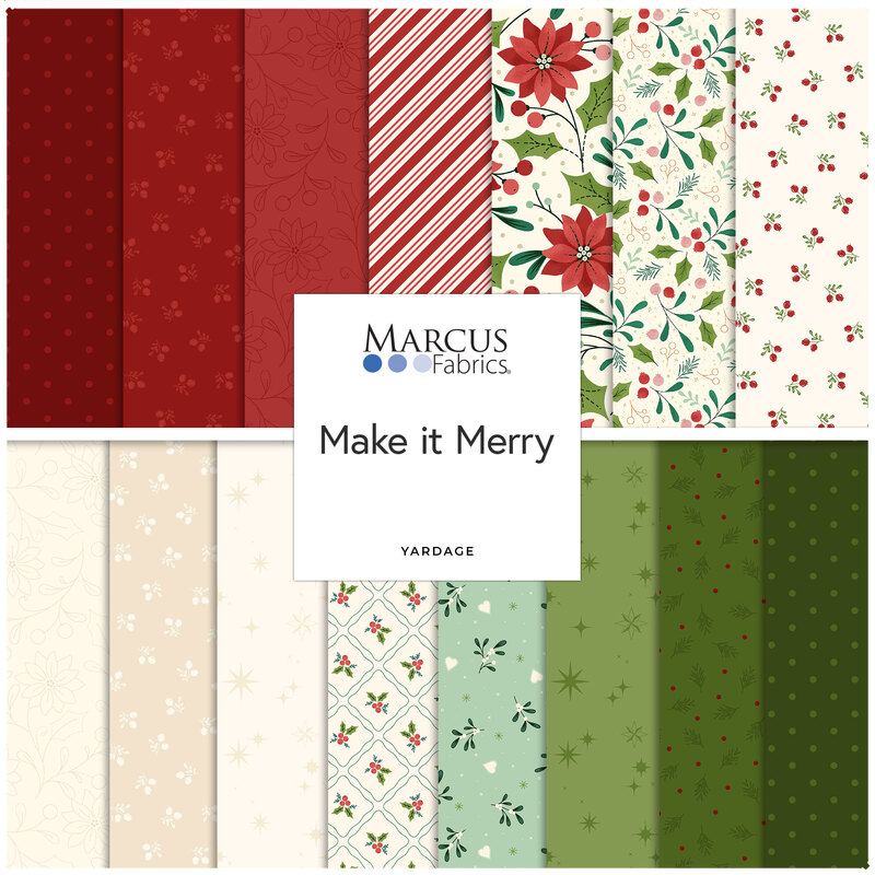 Collection of 15 festive fat quarters in red, green, and cream with floral and patterned designs.