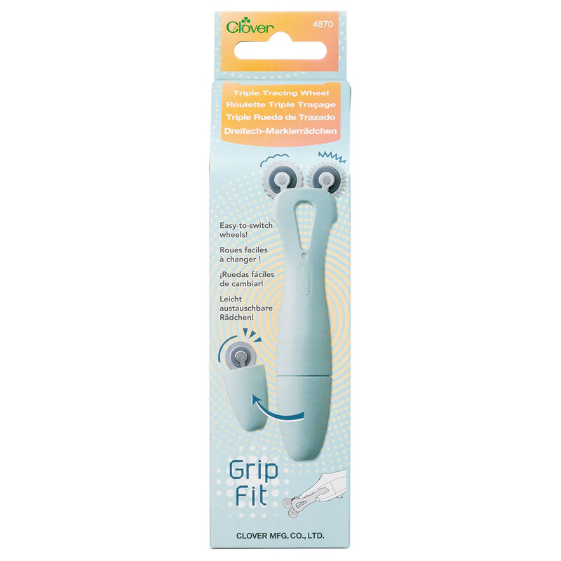 Packaging of a Clover Grip Fit triple tracing wheel, featuring easy-switch rollers and ergonomic handle.