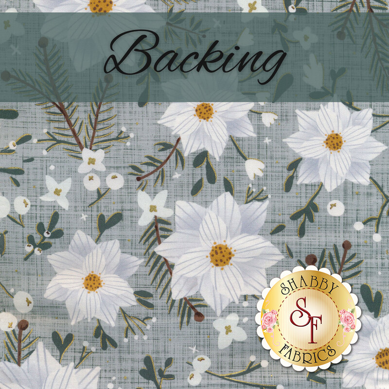 Floral fabric design in soft colors with the word Backing at the top and a logo at the bottom.