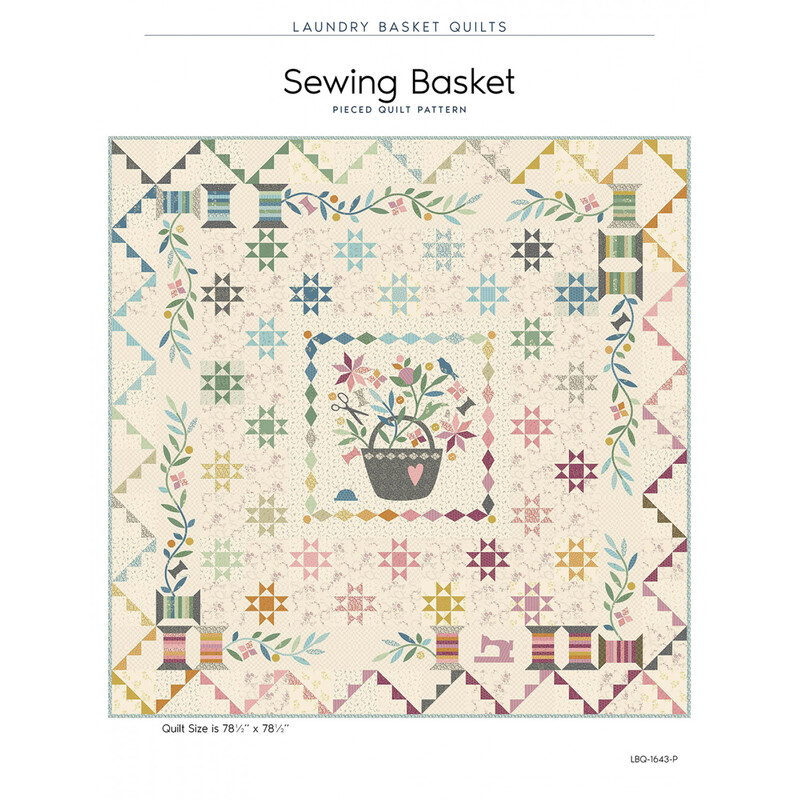 Front of the Sewing Basket pattern featuring the completed quilt, isolated on a white background.