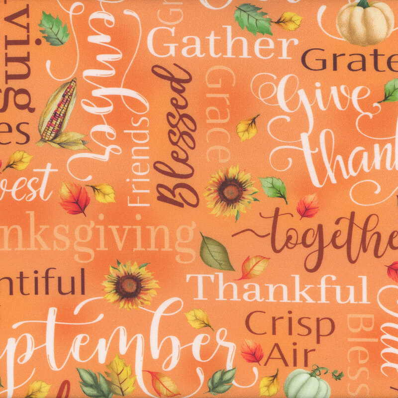 Patterned fabric featuring autumn-themed words like Thankful, Grateful, and Thanksgiving on an orange background.