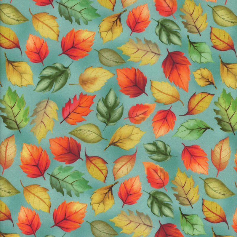 Pattern of colorful autumn leaves in shades of red, orange, yellow, and green on a teal fabric.