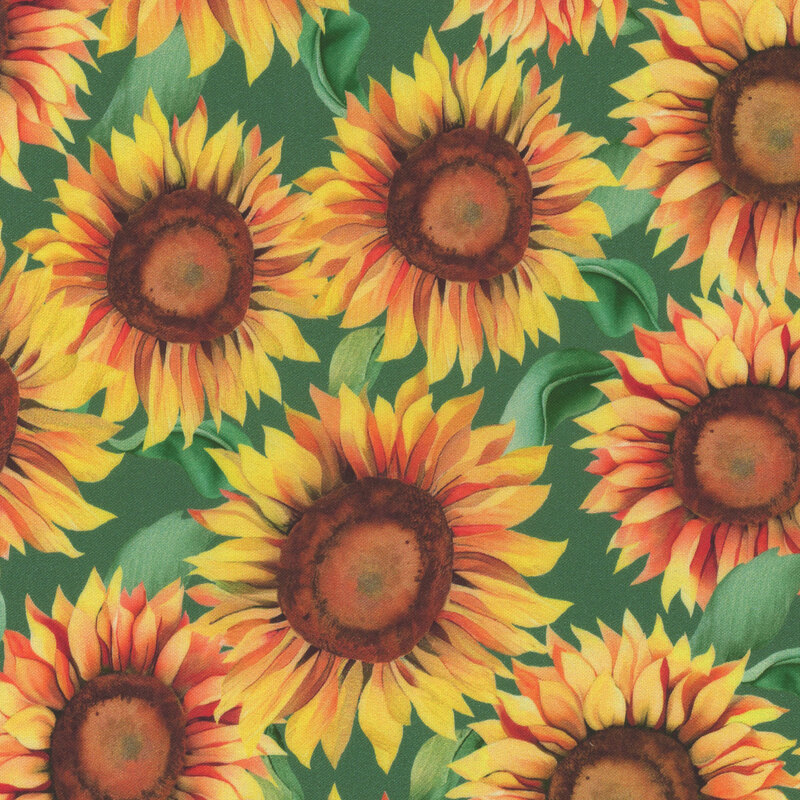 A vibrant fabric pattern of sunflowers with yellow and orange petals on a green background.