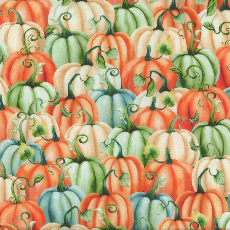 A vibrant fabric pattern of various pumpkins in shades of orange, green, and cream, with curling vines.