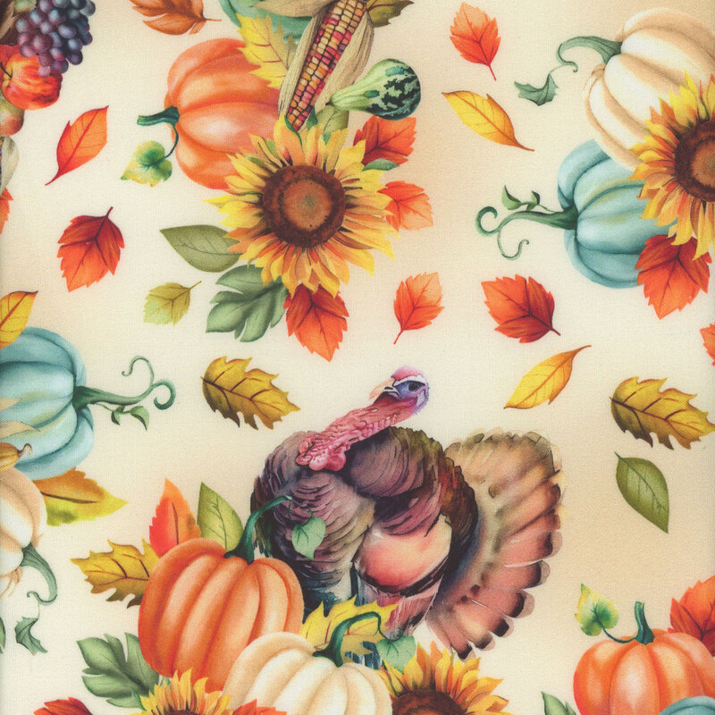 Colorful autumn-themed fabric featuring a turkey, pumpkins, sunflowers, corn, and falling leaves.