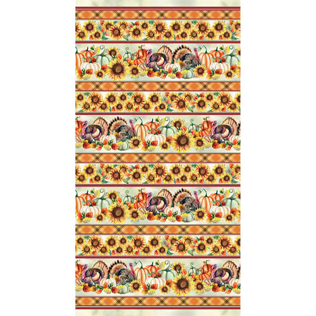 Fabric with alternating patterns of sunflowers, pumpkins, and turkeys, in warm fall colors.