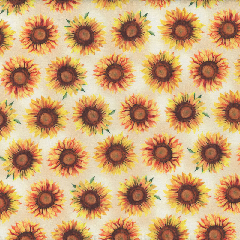 A repeating pattern of colorful sunflowers on a light fabric.