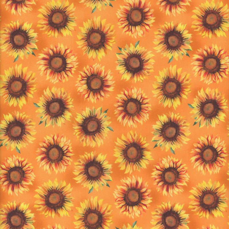 Pattern of sunflowers on an orange fabric, arranged in a repeating grid.