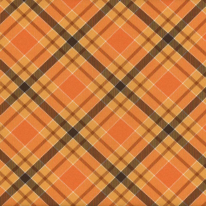 Orange plaid fabric pattern with intersecting lines in yellow and dark brown.