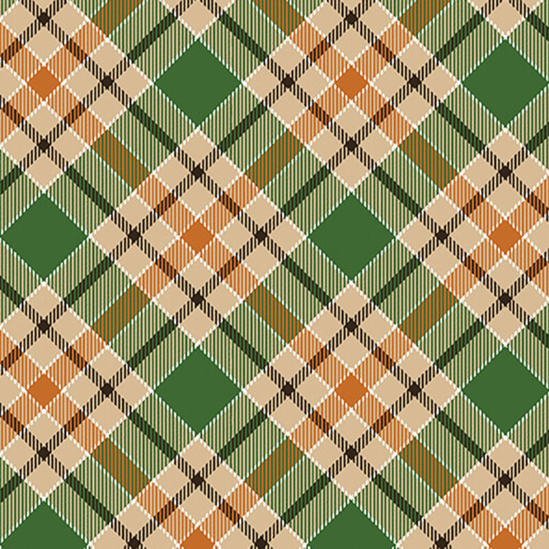 Seamless plaid fabric pattern featuring green, orange, and beige diamonds and diagonal lines.