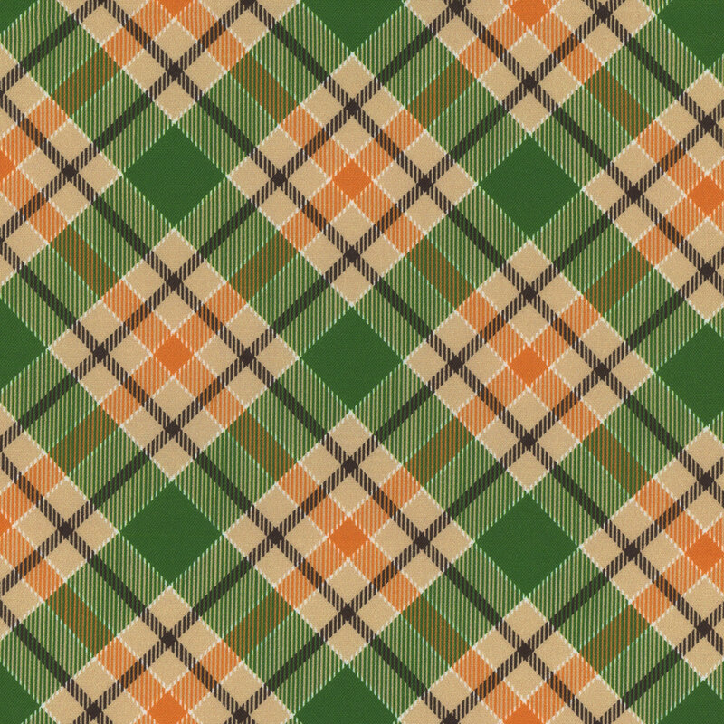 Seamless plaid fabric pattern featuring green, orange, and beige diamonds and diagonal lines.