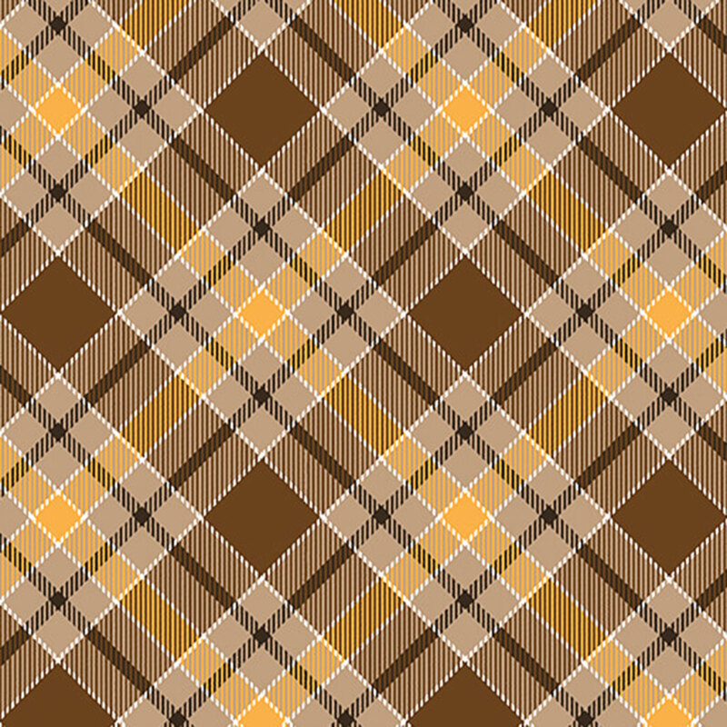 Brown and yellow plaid fabric pattern with diagonal lines and diamond shapes.