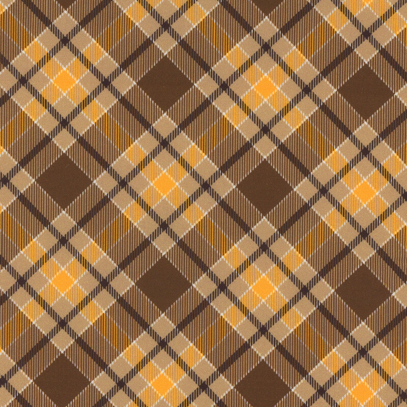 Brown and yellow plaid fabric pattern with diagonal lines and diamond shapes.