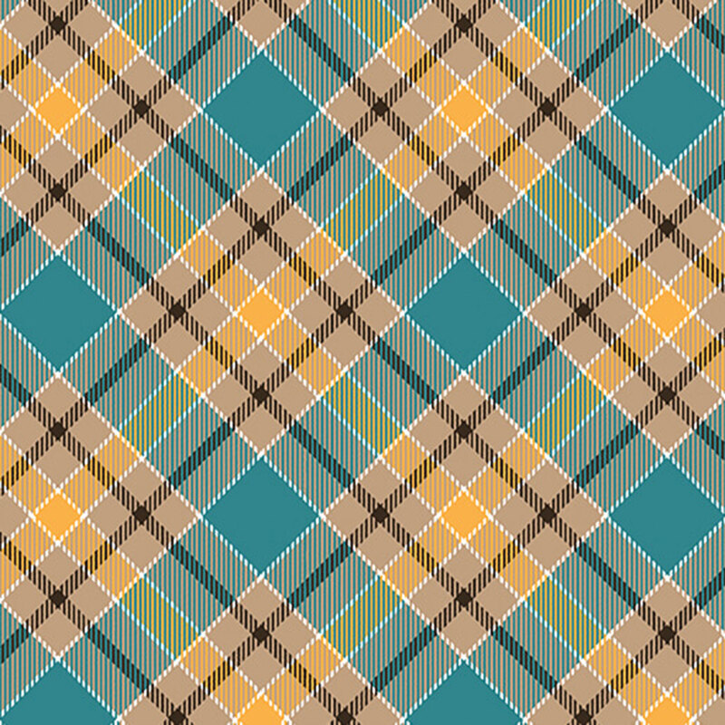 A repeating geometric fabric pattern of interconnected diamonds in teal, yellow, and beige tones.