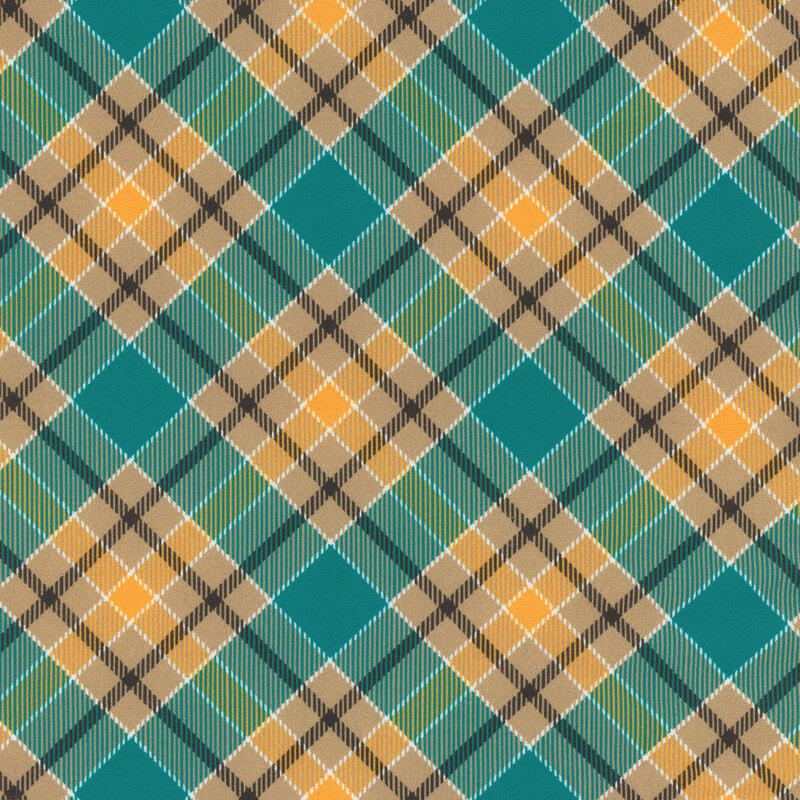 A repeating geometric fabric pattern of interconnected diamonds in teal, yellow, and beige tones.