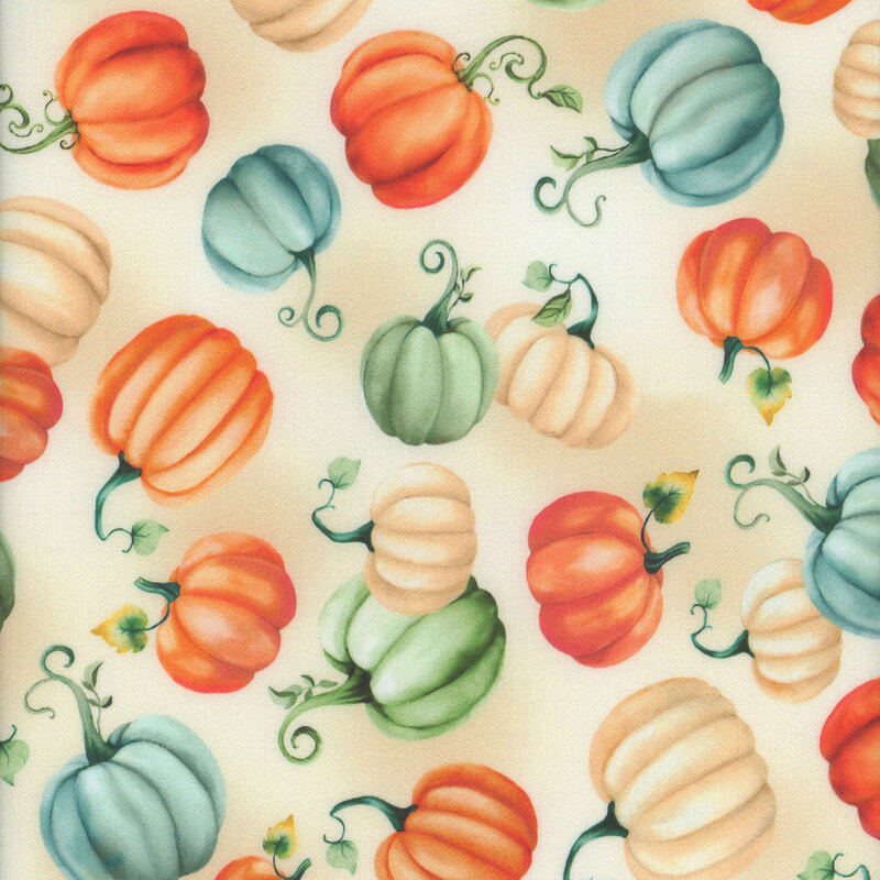 A pattern of various pumpkins in shades of orange, green, and white on a light fabric.