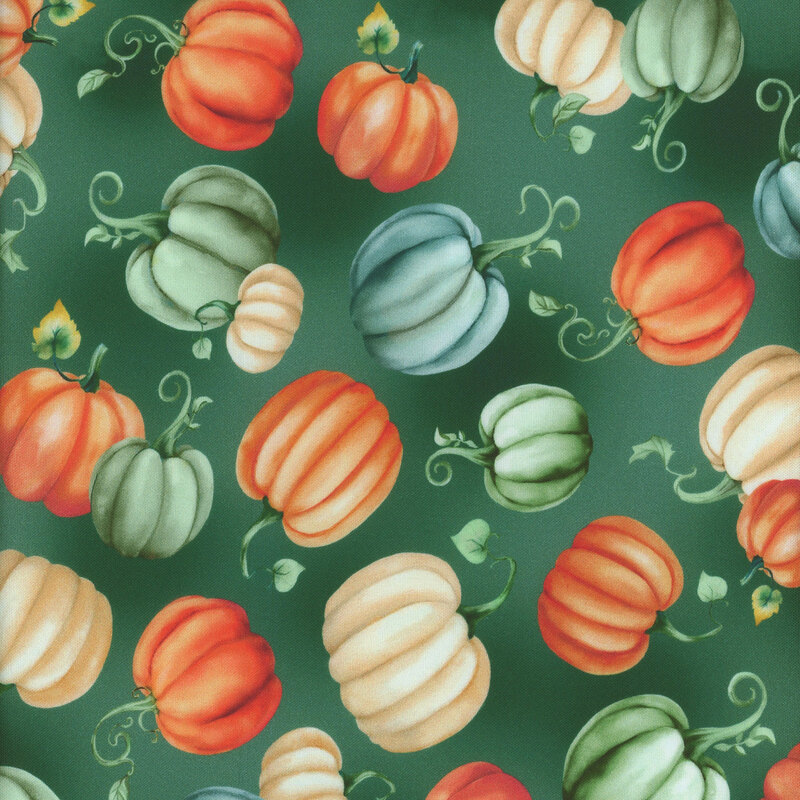 Pattern of various pumpkins in orange, green, and cream colors on a dark green fabric.