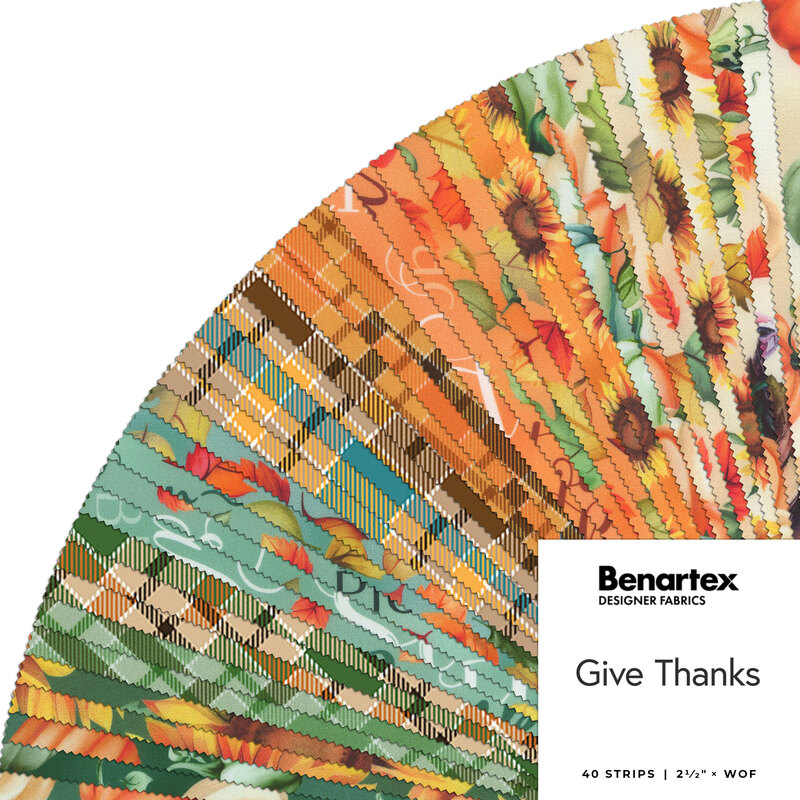 Colorful fabric strips in autumn hues, labeled Give Thanks by Benartex, displayed in a fan shape.