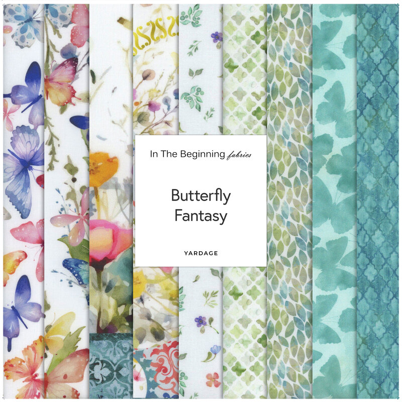 Colorful fabric patterns featuring butterflies and floral designs, labeled Butterfly Fantasy.