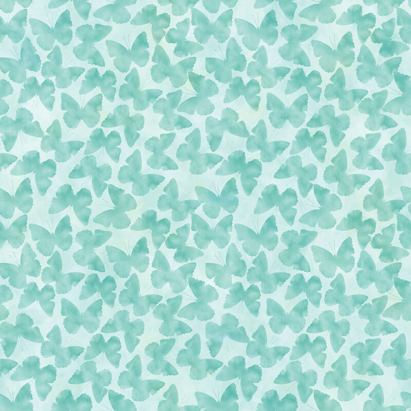 A pattern of soft, translucent teal butterflies scattered across a light background.