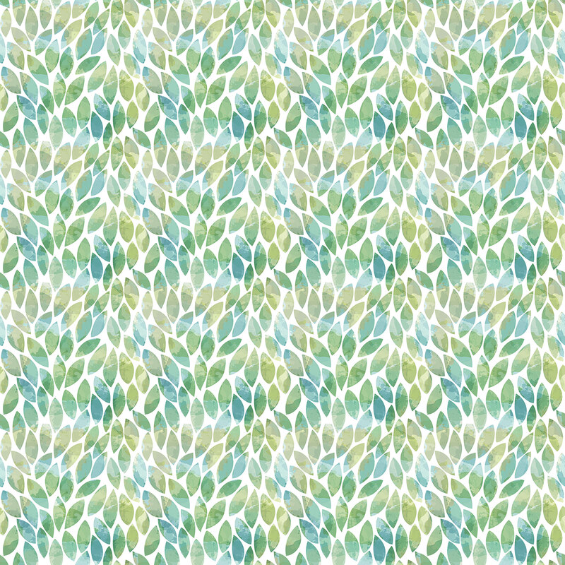 Seamless pattern of overlapping green and aqua leaves on a light background.