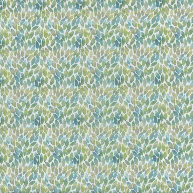 Seamless pattern of overlapping green and aqua leaves on a light background.