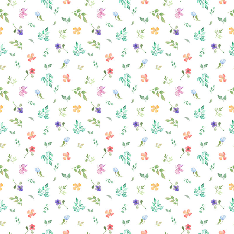 A seamless pattern of various colorful flowers and small birds on a white background.